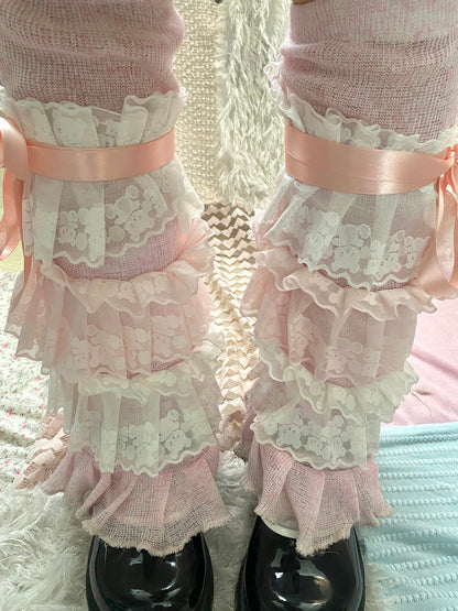 Pink and Blue Layered Lace Leg Warmers