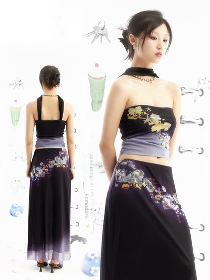 Purple Gradient Floral Print Mesh Maxi Skirt