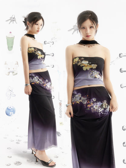 Purple Gradient Floral Print Mesh Maxi Skirt