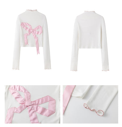 White Satin Slim Pink Bow Top