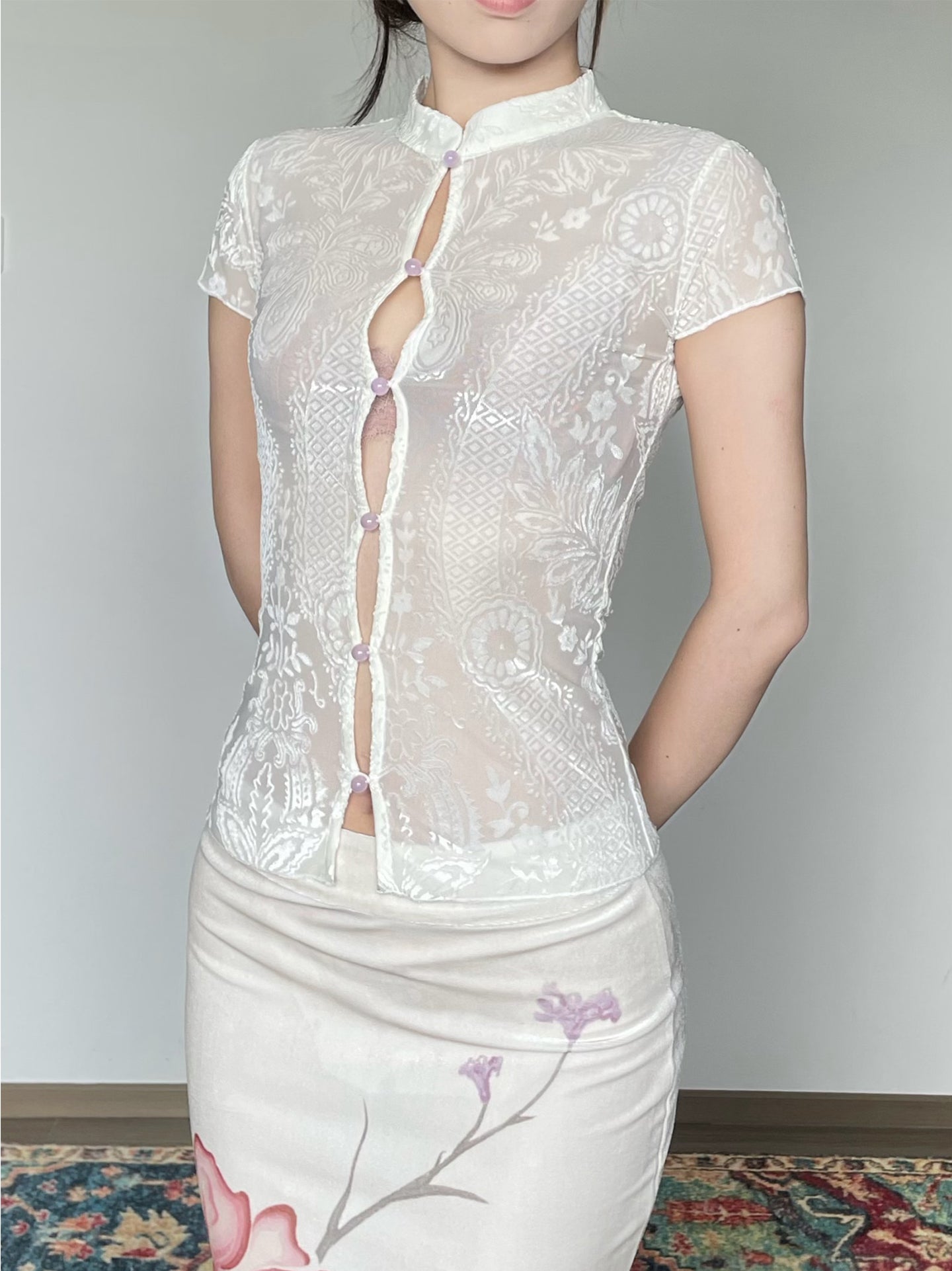 Floral Transparent Velvet Cheongsam Shirt