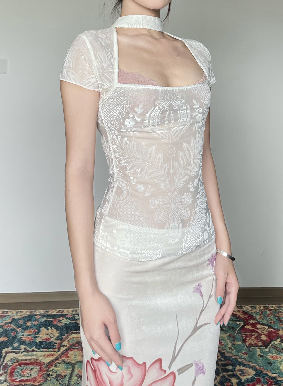 Floral Transparent Velvet Cheongsam Shirt