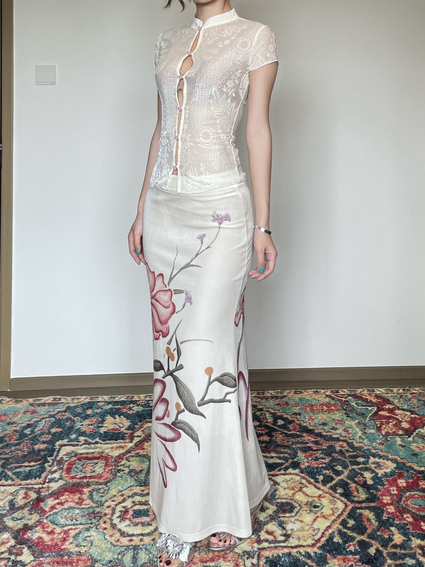 Floral Transparent Velvet Cheongsam Shirt