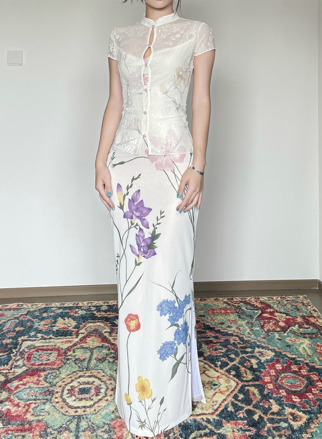 Floral Transparent Velvet Cheongsam Shirt