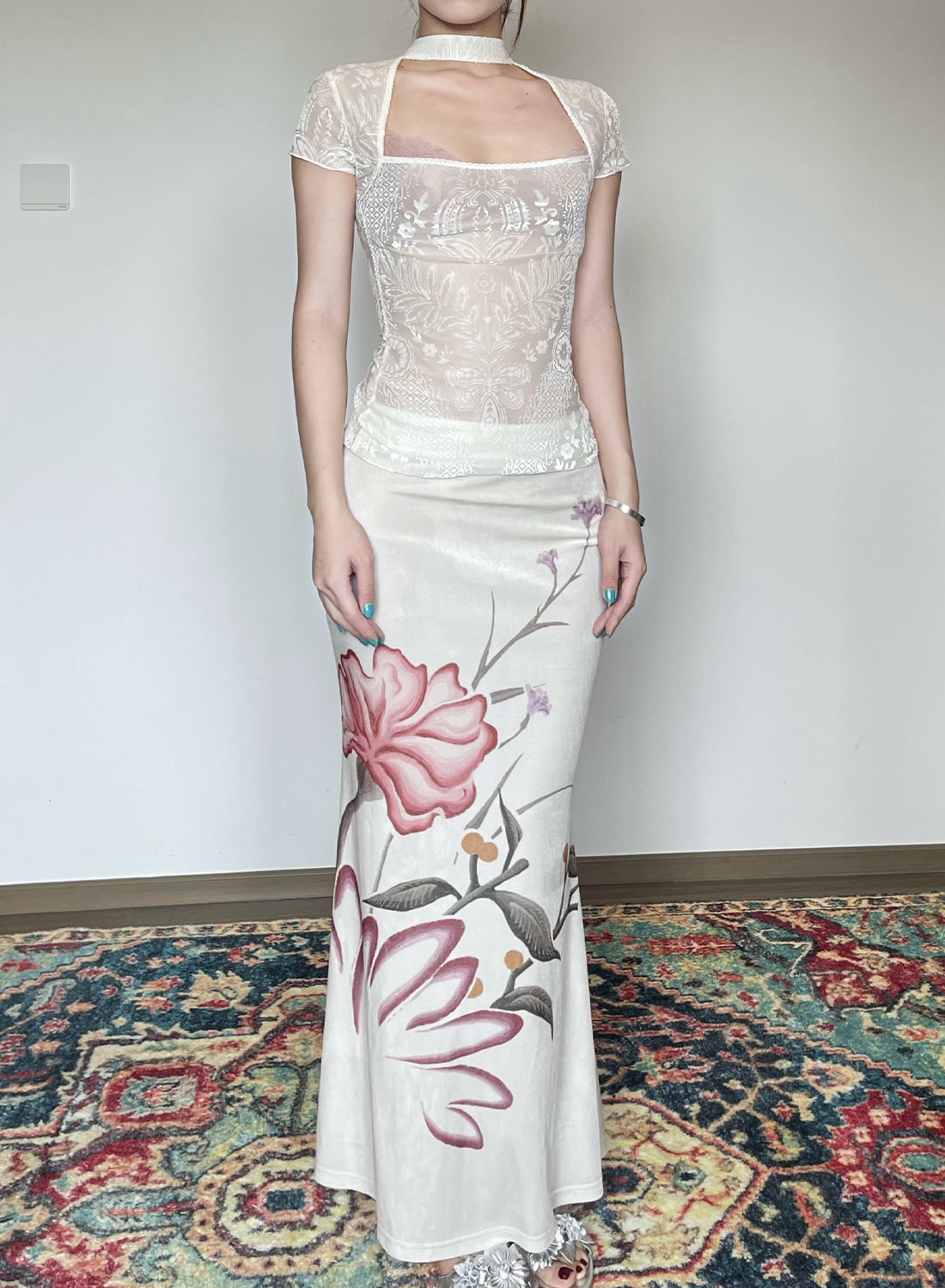 Floral Transparent Velvet Cheongsam Shirt