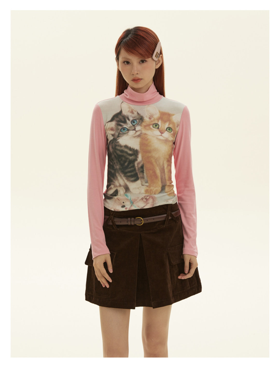 Pink Kitten Print Turtleneck Sweatshirt | BETWEENAND