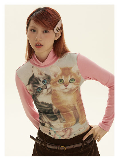 Pink Kitten Print Turtleneck Sweatshirt | BETWEENAND