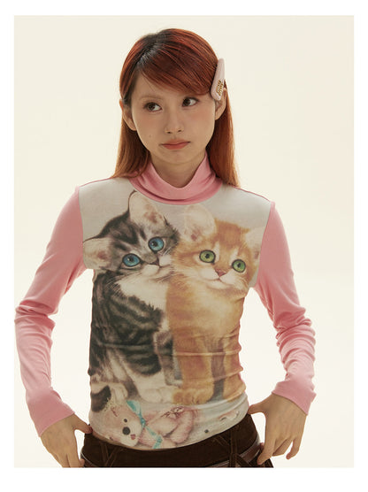 Pink Kitten Print Turtleneck Sweatshirt | BETWEENAND