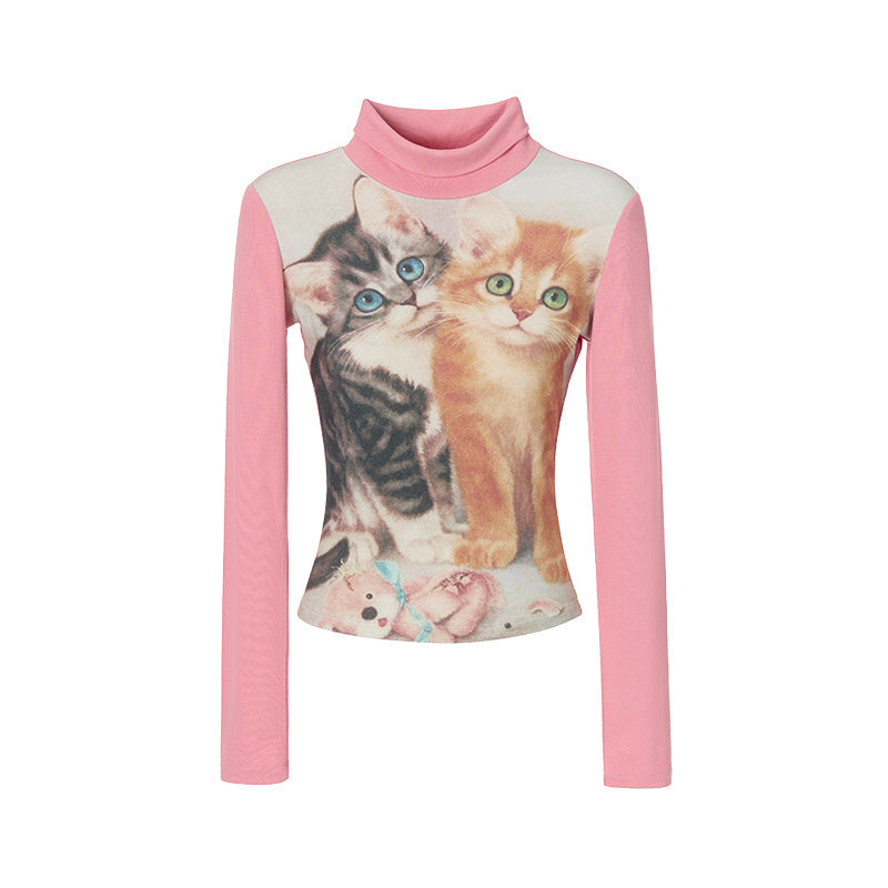 Pink Kitten Print Turtleneck Sweatshirt | BETWEENAND