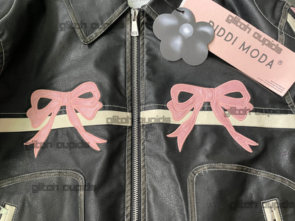 Pink Bow Tie Oversized Vegan Leather Jacket