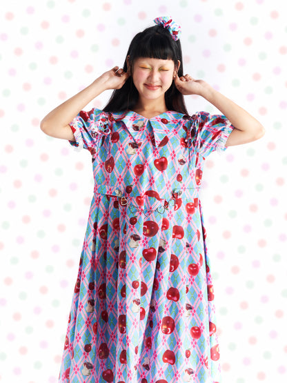 Kawaii Apple Plaid Puff-Sleeve Dress