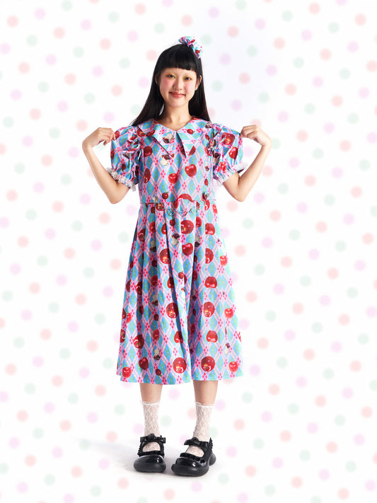 Kawaii Apple Plaid Puff-Sleeve Dress