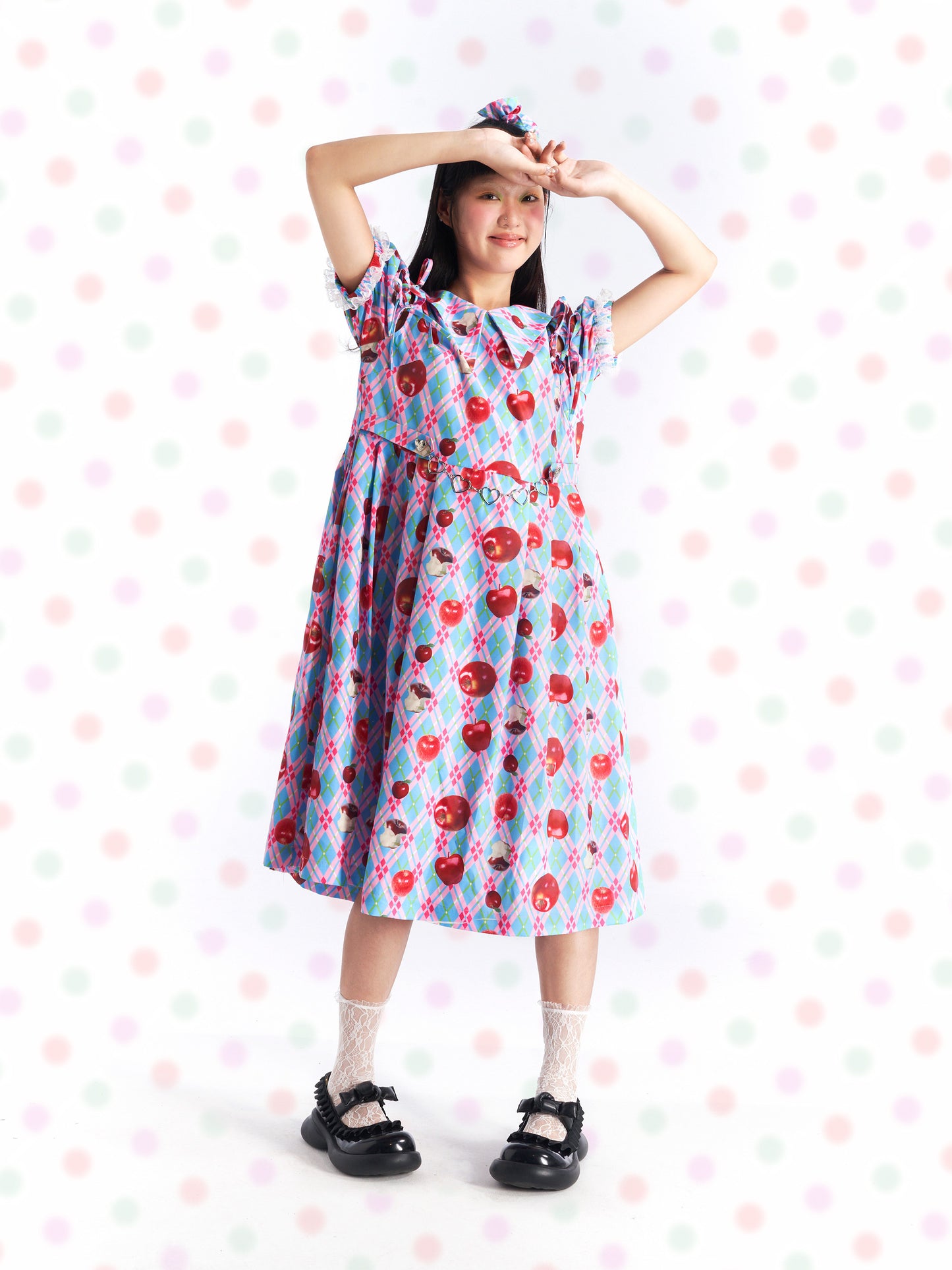 Kawaii Apple Plaid Puff-Sleeve Dress