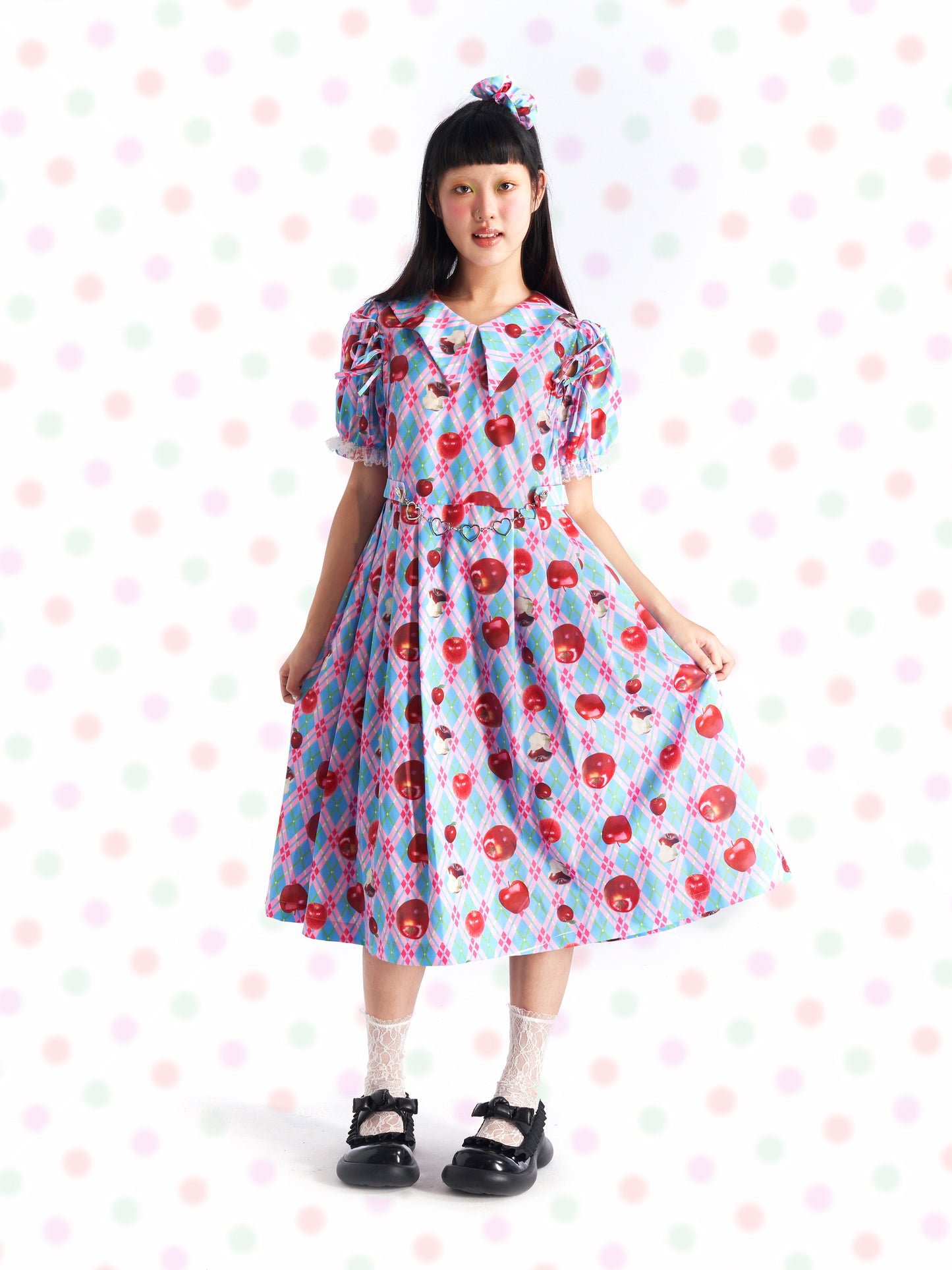 Kawaii Apple Plaid Puff-Sleeve Dress