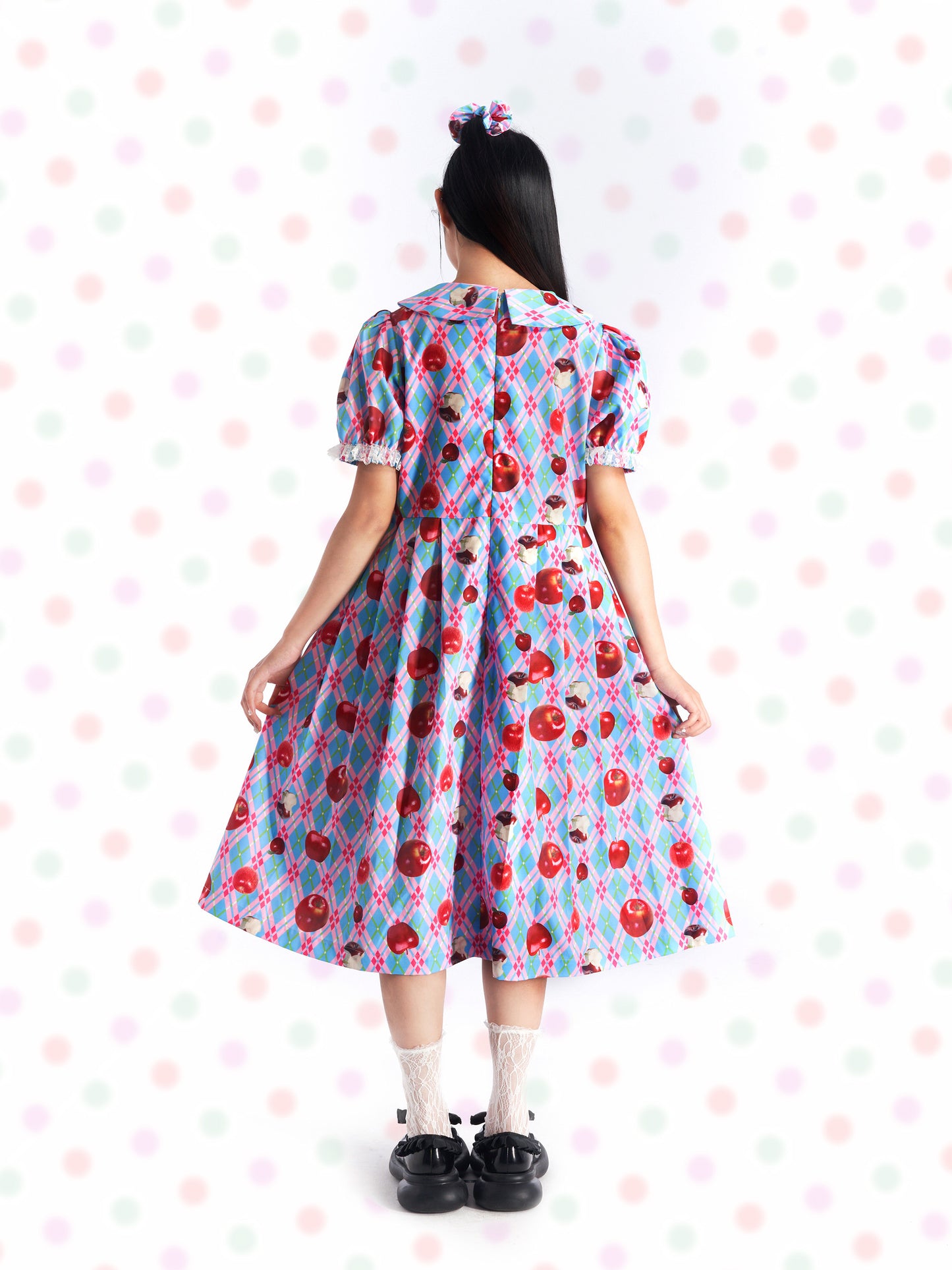 Kawaii Apple Plaid Puff-Sleeve Dress