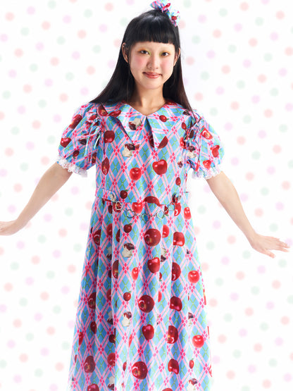 Kawaii Apple Plaid Puff-Sleeve Dress