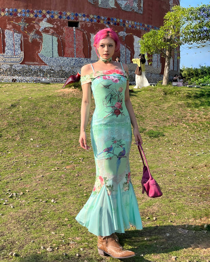 Off-Shoulder Floral Parrot Mesh Maxi Dress