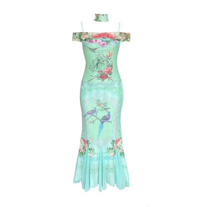 Off-Shoulder Floral Parrot Mesh Maxi Dress