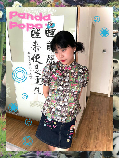 Panda Puff-Sleeve Cheongsam Shirt