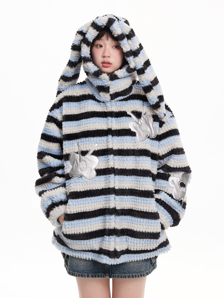 Striped Bunny Ear Silver Butterfly Applique Zip-Up Coat