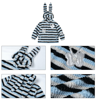 Striped Bunny Ear Silver Butterfly Applique Zip-Up Coat