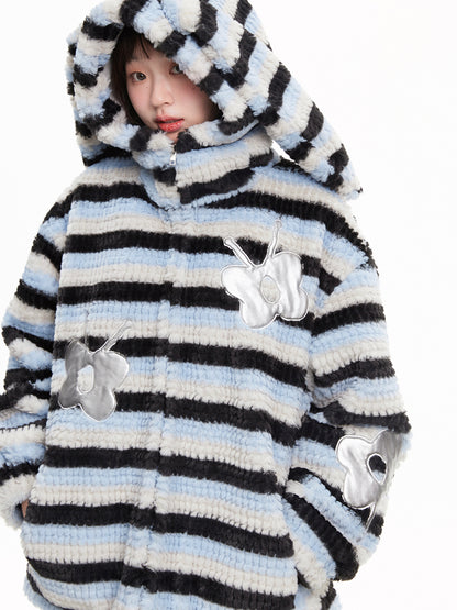 Striped Bunny Ear Silver Butterfly Applique Zip-Up Coat