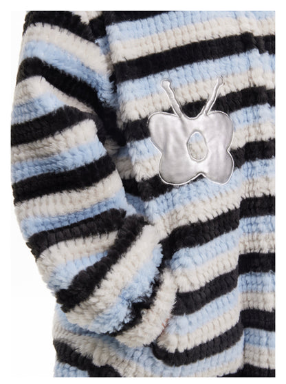 Striped Bunny Ear Silver Butterfly Applique Zip-Up Coat