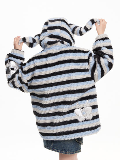 Striped Bunny Ear Silver Butterfly Applique Zip-Up Coat