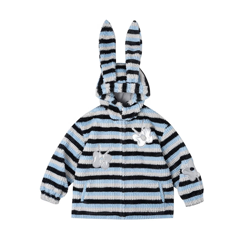 Striped Bunny Ear Silver Butterfly Applique Zip-Up Coat