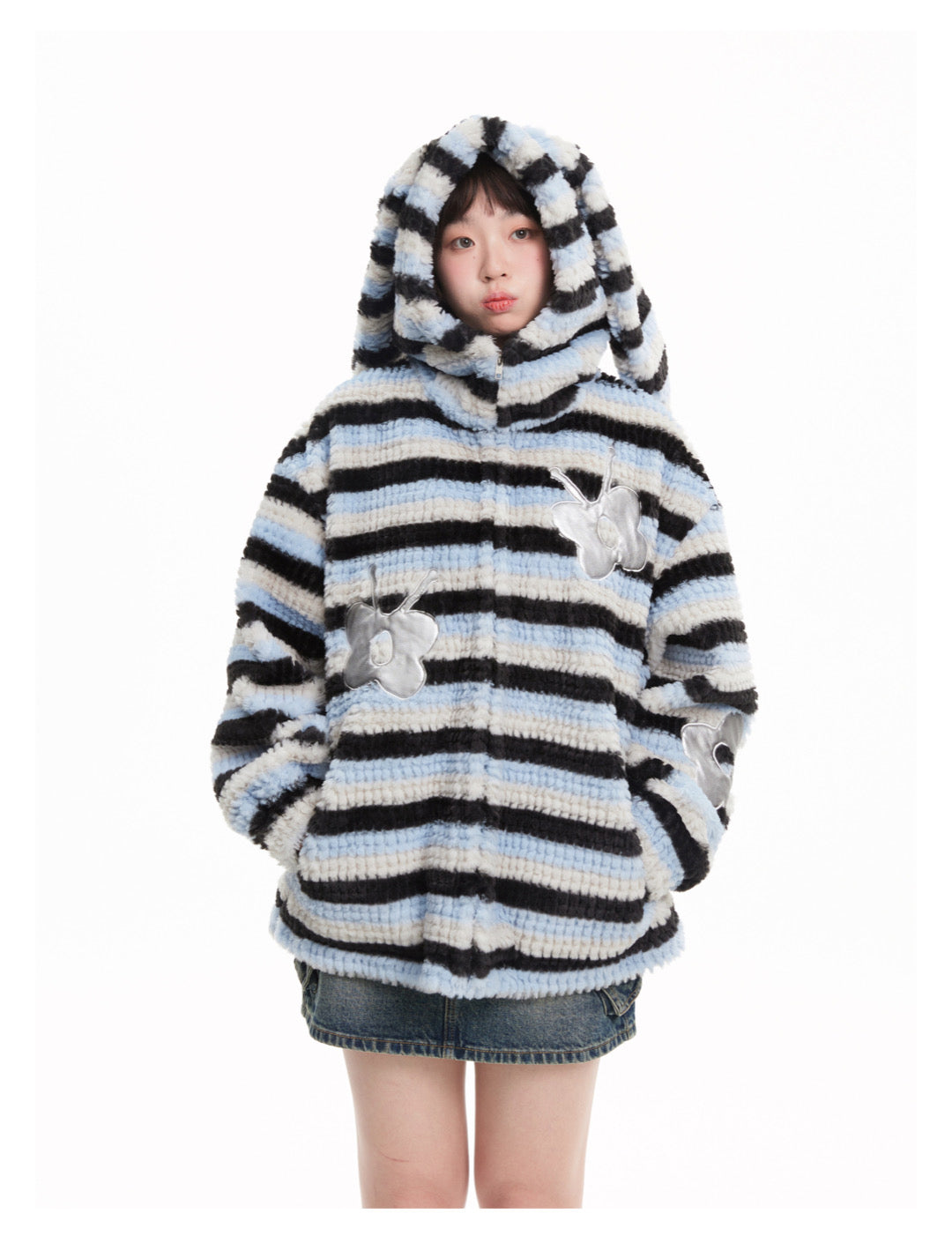 Striped Bunny Ear Silver Butterfly Applique Zip-Up Coat