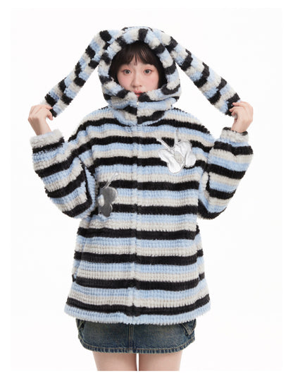 Striped Bunny Ear Silver Butterfly Applique Zip-Up Coat