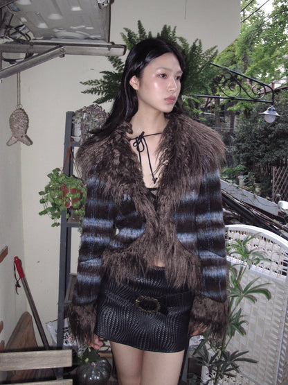 Fairy Grunge Striped Faux Fur Flared Coat