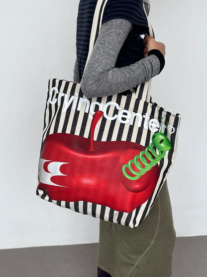 Apple Worm Striped Tote Bag