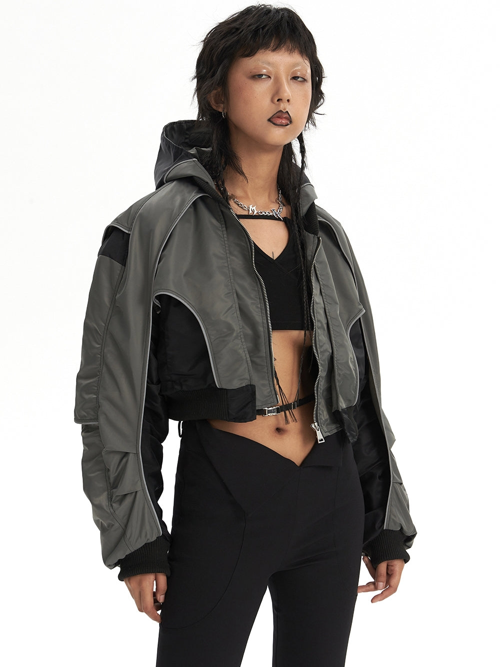 Panel Cropped Bomber Jacket