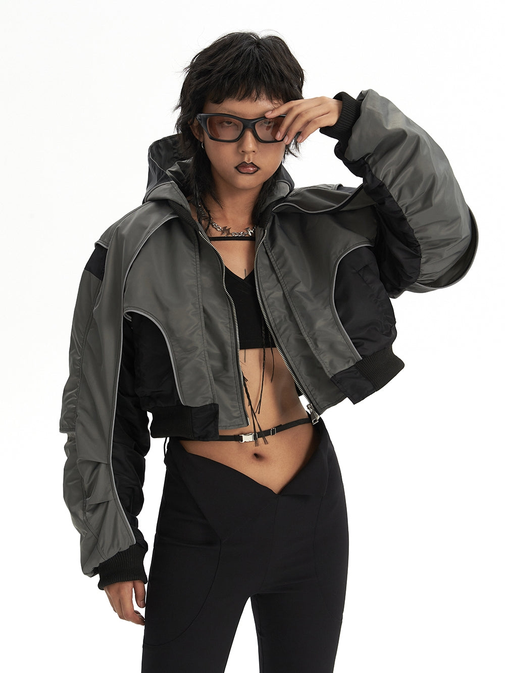 Panel Cropped Bomber Jacket