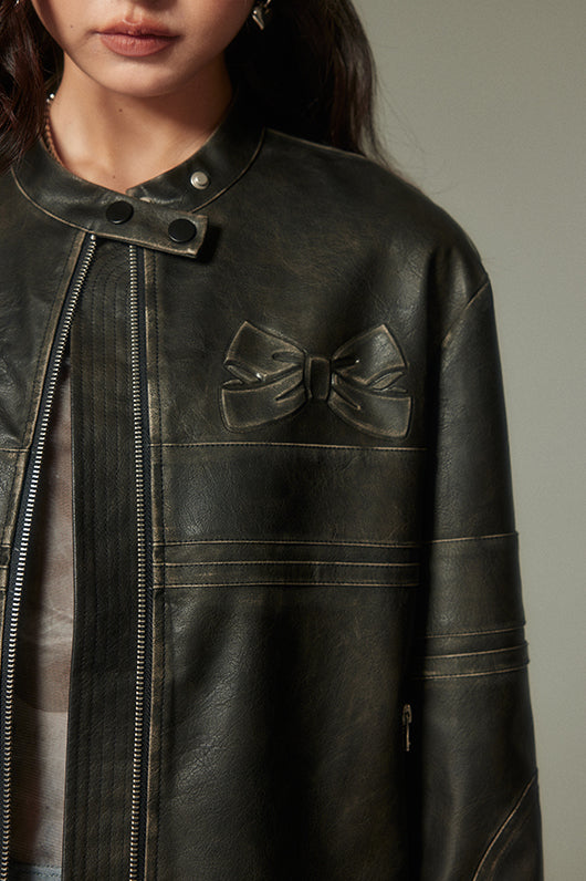 Bow Black Crewneck Vegan Leather Jacket