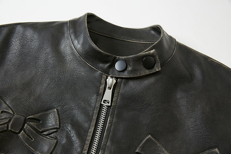 Bow Black Crewneck Vegan Leather Jacket