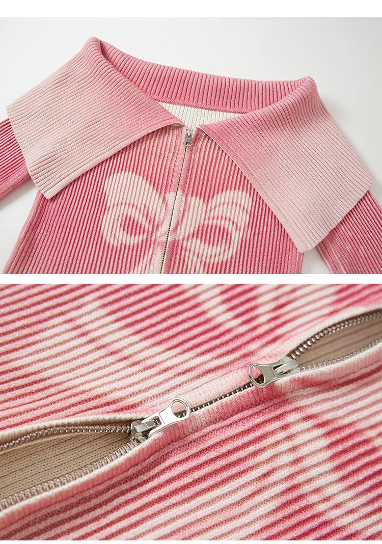 Pink Bow Shadow Zip-Up Sweater