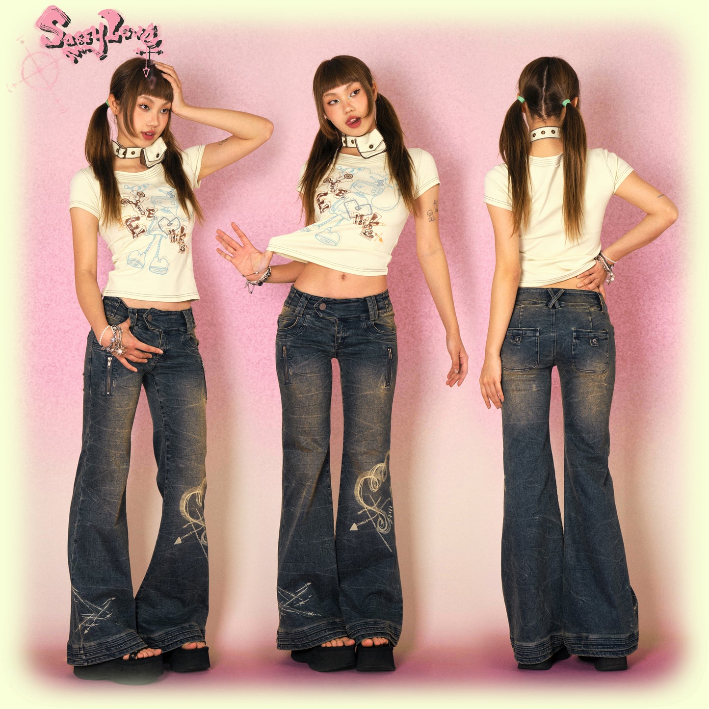 Sassy Love Arrow Y2K Washed Flared Jeans