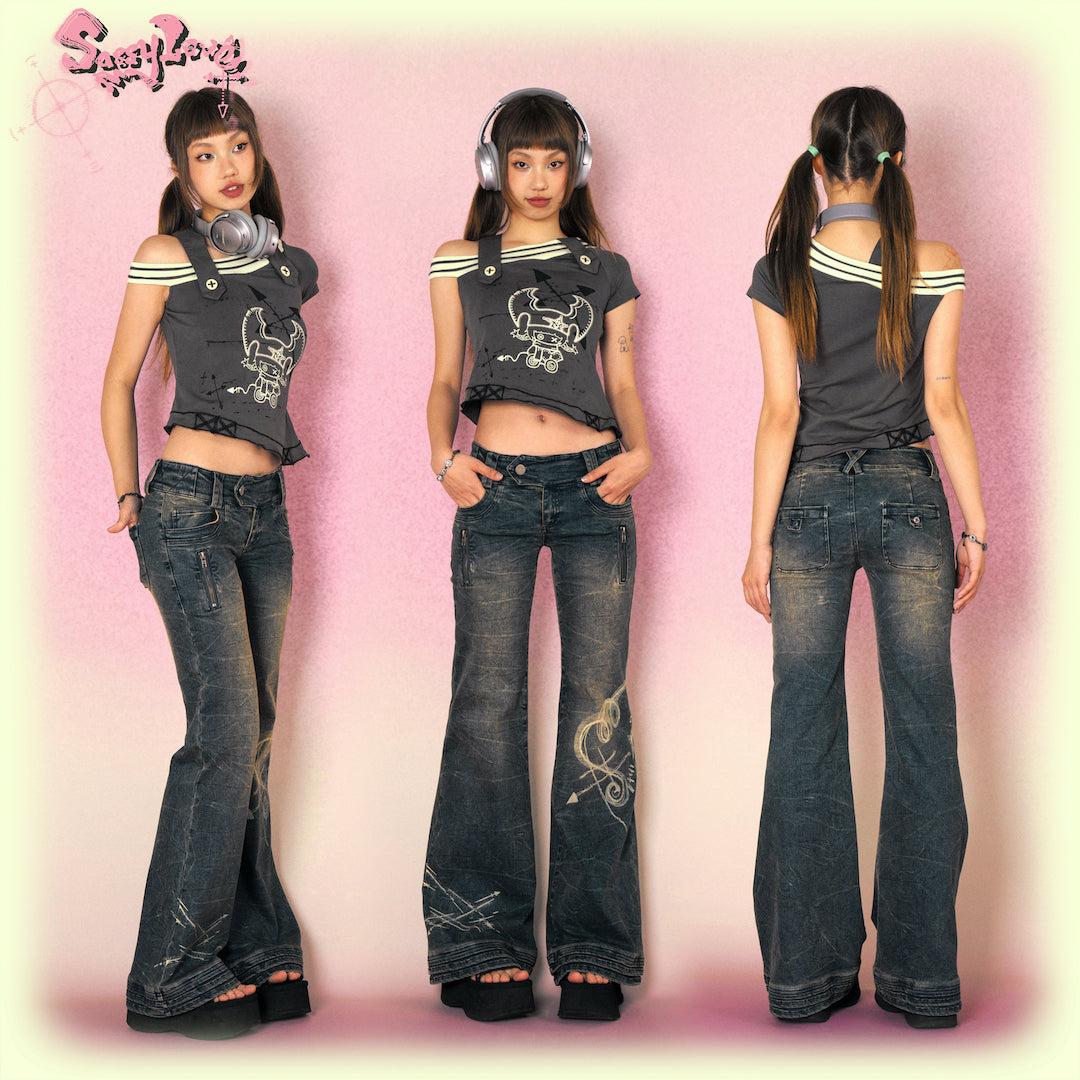 Sassy Love Arrow Y2K Washed Flared Jeans