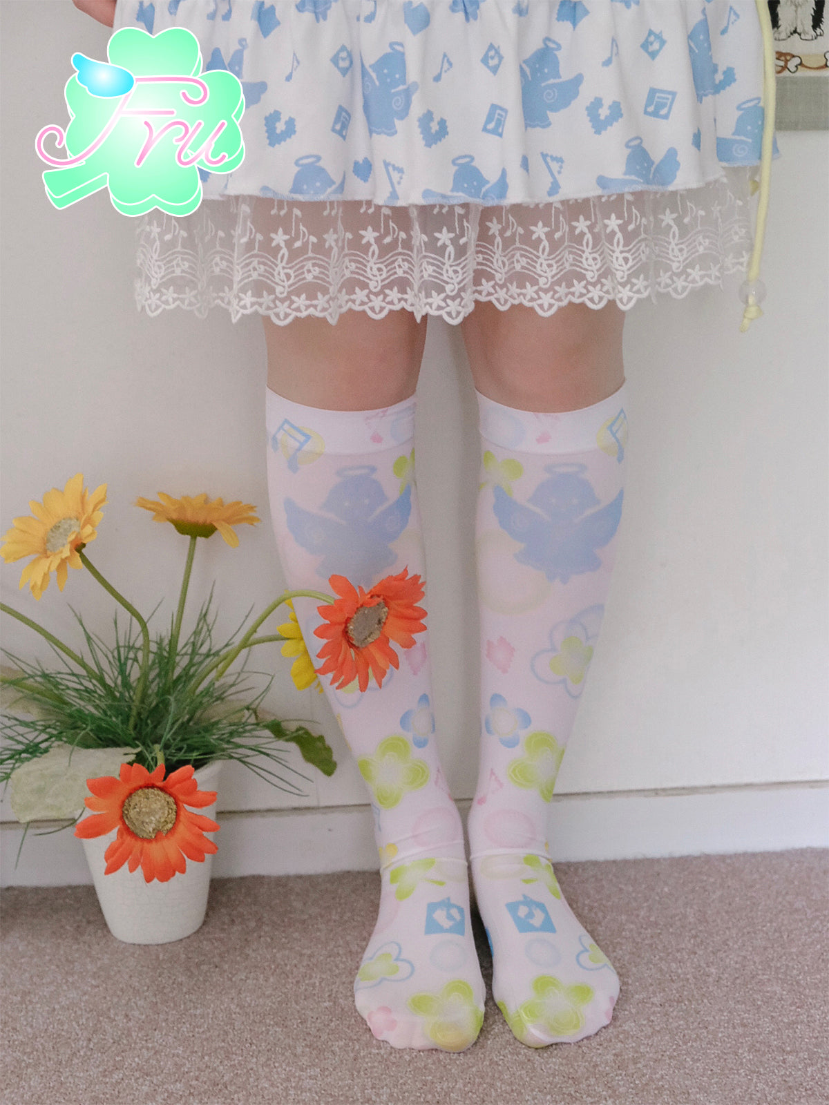 Angel Print White Shojo Long Socks