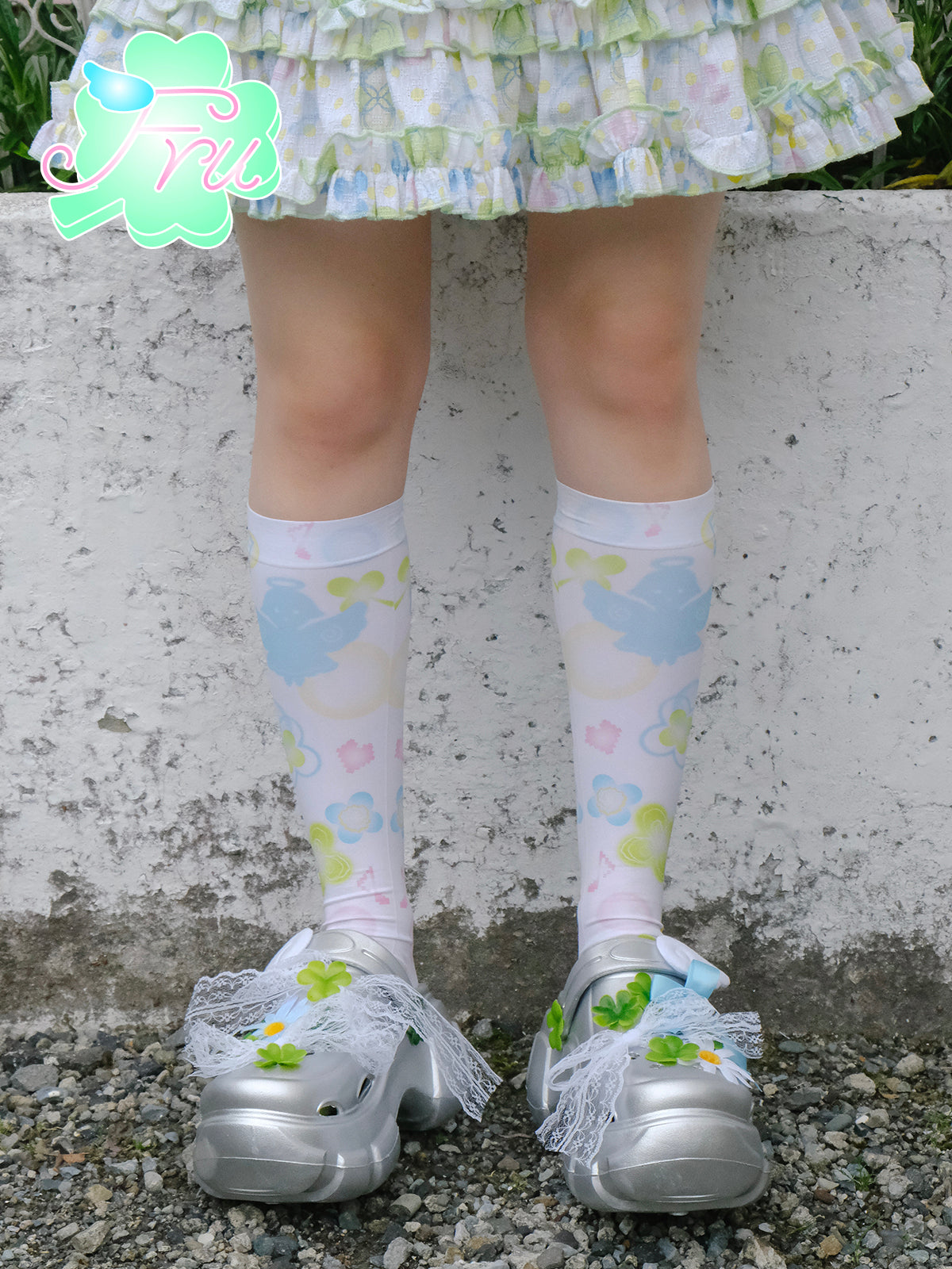 Angel Print White Shojo Long Socks