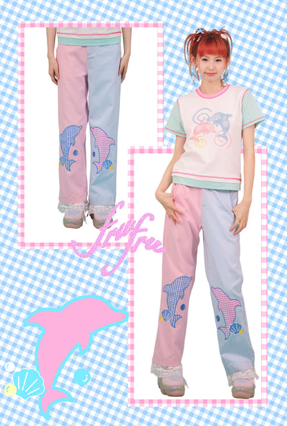 Dolphin Print Lace Cuff Pants