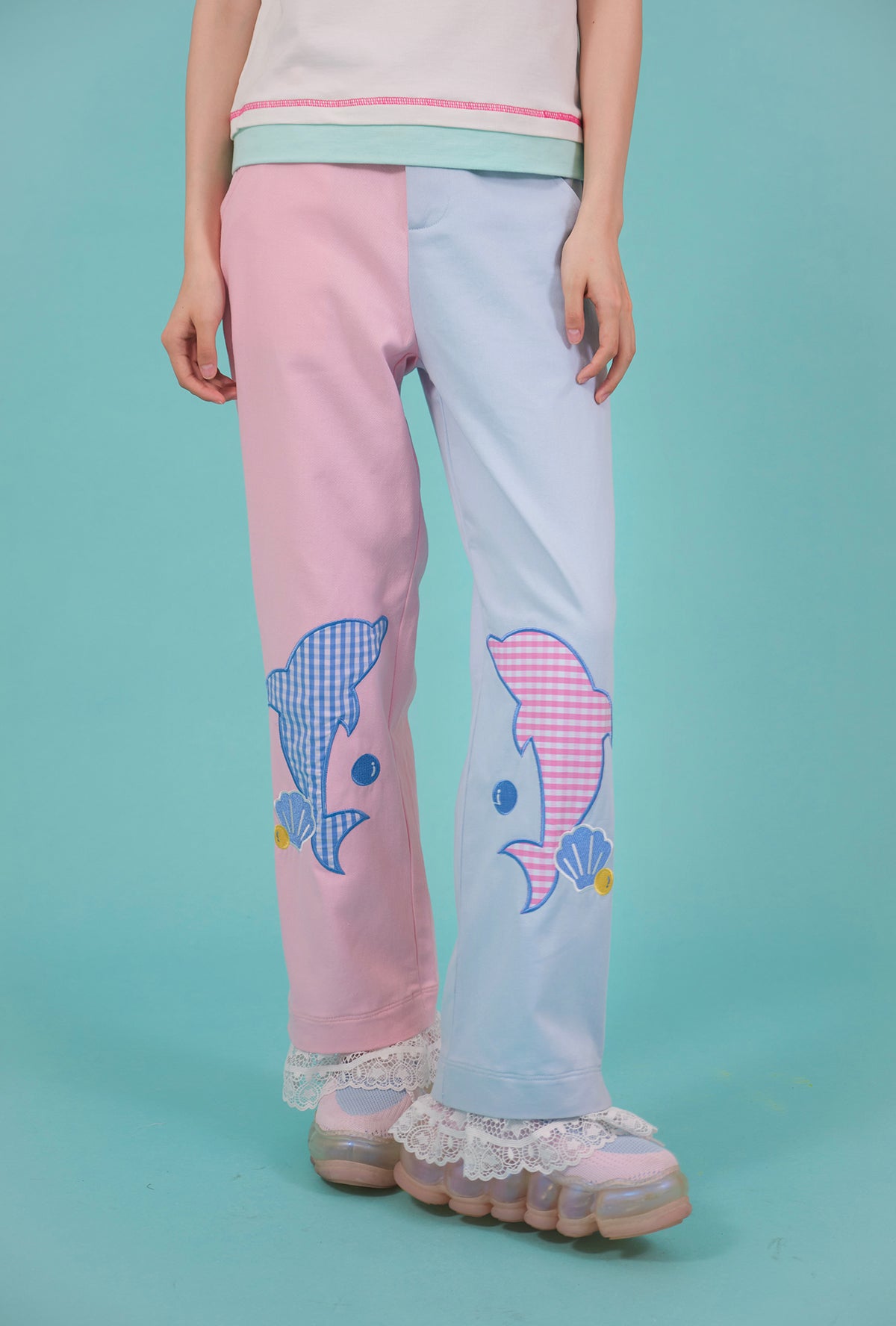 Dolphin Print Lace Cuff Pants