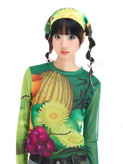 Grapes Melon Fruit Mesh Long-Sleeve Top