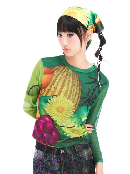 Grapes Melon Fruit Mesh Long-Sleeve Top