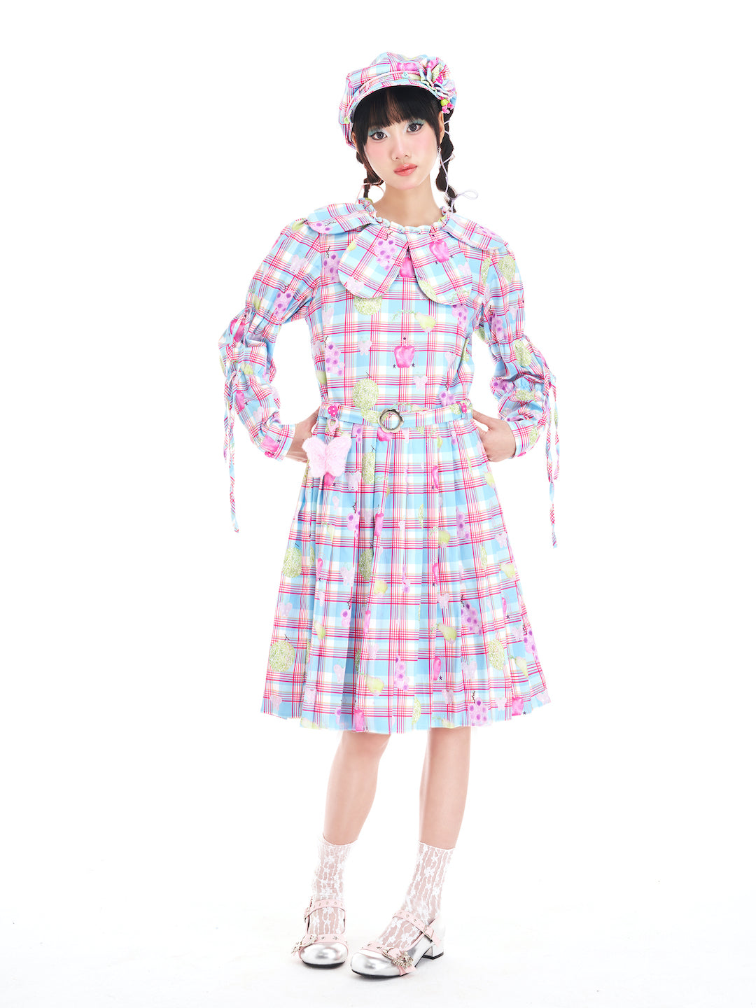 Kawaii Petal Collar Fruit Plaid Dress