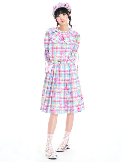 Kawaii Petal Collar Fruit Plaid Dress