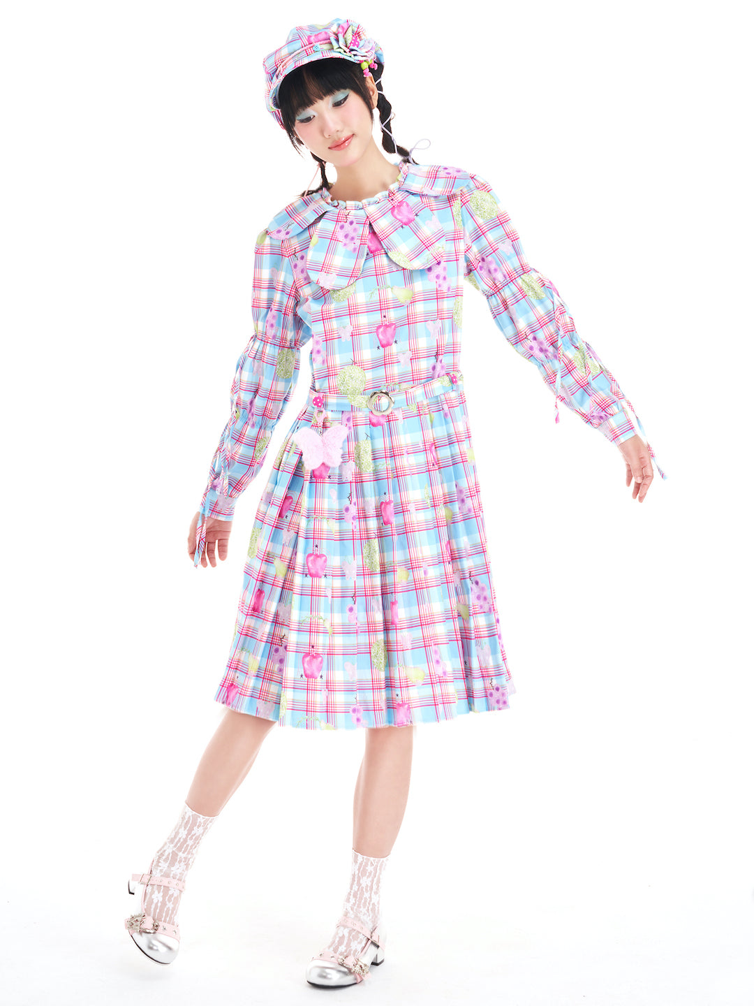 Kawaii Petal Collar Fruit Plaid Dress