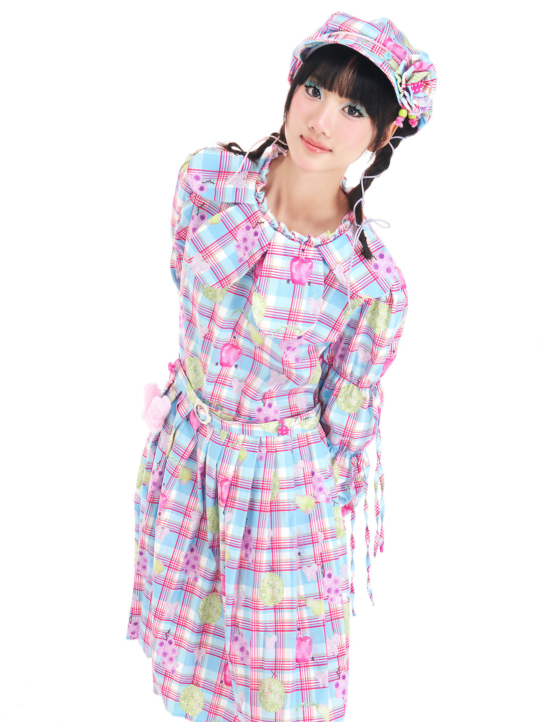 Kawaii Petal Collar Fruit Plaid Dress